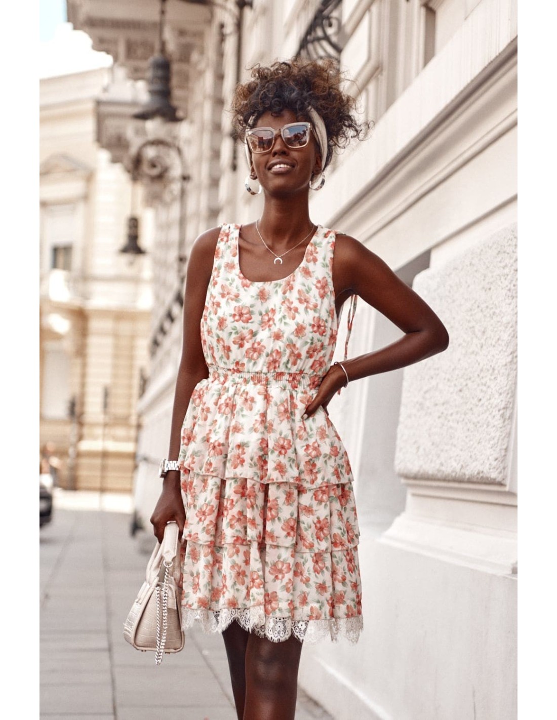 Lovely floral dress with ruffles, beige and coral 30400 - Online store - Boutique